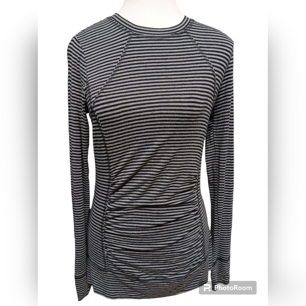 Cabi Striped Tech Long Sleeve Running Activewear Top Black Gray Size S